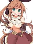  belt black_gloves blush bracelet breasts brown_hair buckle clarisse_(granblue_fantasy) gloves granblue_fantasy green_eyes hair_ribbon highres jewelry long_hair looking_at_viewer medium_breasts navel open_mouth ponytail ribbon skirt sleeveless smile solo sweatdrop test_tube turtleneck underboob yuuhi_alpha 