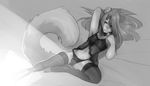  2017 accelo_(character) armpits bell black_and_white bulge chocoteenie clothed clothing collar crossdressing feline girly hair hi_res legwear leopard long_hair lying male mammal monochrome on_back panties smile solo stockings teeth underwear 