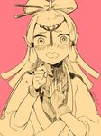  blush dated facial_mark fingerless_gloves forehead_mark gloves hair_ornament hair_rings hair_stick hair_tubes koide_yoshito long_hair monochrome paya_(zelda) pink_background pointy_ears solo the_legend_of_zelda the_legend_of_zelda:_breath_of_the_wild wavy_mouth wide-eyed 