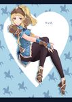  absurdres arm_guards armor blonde_hair blue_dress brown_eyes character_name clair_(fire_emblem) commentary_request dress eyebrows fingerless_gloves fire_emblem fire_emblem_echoes:_mou_hitori_no_eiyuuou full_body gloves heart heart_background helmet high_heels highres lishu_jun long_hair pantyhose pegasus ponytail short_sleeves shoulder_armor smile solo wrist_guards 