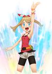  :d armpits arms_up bag bare_shoulders bikini_top blue_eyes blush breasts hairband haruka_(pokemon) highres light_brown_hair looking_at_viewer nyonn24 open_mouth pokemon pokemon_(game) pokemon_oras short_hair shorts simple_background small_breasts smile solo tank_top teeth white_background 
