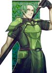  armor bad_id bad_pixiv_id breastplate commentary_request eyebrows fingerless_gloves fire_emblem fire_emblem_echoes:_mou_hitori_no_eiyuuou force_(fire_emblem) gloves green_armor green_eyes green_hair hair_over_one_eye highres holding holding_weapon male_focus short_sleeves shoulder_armor simple_background smile solo tabard uguisu_(ryu) upper_body weapon 