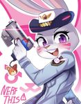  2017 anthro buckteeth clothed clothing cosplay d.va_(overwatch) disney english_text female freedomthai gun handgun hi_res holding_object holding_weapon judy_hopps lagomorph looking_at_viewer mammal open_mouth overwatch pistol purple_eyes rabbit ranged_weapon solo teeth text video_games weapon zootopia 