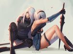  artist_name blindfold blue_eyes boots breasts chain cosplay elbow_gloves gloves high_heels hug hug_from_behind kaine_(nier) kaine_(nier)_(cosplay) koyorin lips long_hair looking_at_viewer medium_breasts multiple_girls nier_(series) nier_(young) nier_(young)_(cosplay) nier_automata no_bra petals shadow silver_hair single_thighhigh sitting sword thigh_strap thighhighs weapon yorha_no._2_type_b yorha_type_a_no._2 