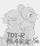  1boy 1girl book cloak conway_tau eyepatch eyes_closed monochrome ponytail qq_selesneva scarf short_hair smile tales_of_(series) tales_of_innocence 