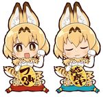  :3 :d animal_ears beckoning blonde_hair bow bowtie chaki_(teasets) cross-laced_clothes cushion drooling elbow_gloves full_body gloves kemono_friends maneki-neko multiple_views open_mouth saliva serval_(kemono_friends) serval_ears serval_print serval_tail short_hair simple_background sitting sleeping sleeping_upright sleeveless smile striped_tail tail translated wariza white_background zabuton 