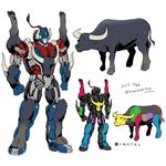  artist_name autobot beast_wars blue_eyes buffalo commentary_request full_body headgear horns kamizono_(spookyhouse) machine machinery mecha no_humans optimus_prime personification redesign robot solo tail transformers twitter_username 