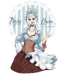  choker copyright_name corset crown dairy_queen dress hand_on_hip highres jewelry looking_at_viewer necklace ozumii personification sidelocks simple_background solo tiara waving white_background white_hair 