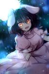  :d animal_ears bamboo bamboo_forest bangs black_hair blush bunny_ears dress forest highres huang_li_ling inaba_tewi looking_at_viewer moonlight nature night open_mouth orange_eyes pink_dress short_hair smile solo touhou 