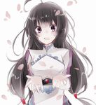  1girl ahoge black_hair blush frills kohak_hearts long_hair looking_at_viewer low-tied_long_hair open_mouth purple_eyes smile solo tales_of_(series) tales_of_hearts upper_body 