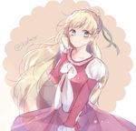  1girl blonde_hair blue_eyes blush breasts claire_bennett dress flower hair_ornament long_hair looking_at_viewer ribbon small_breasts smile solo tales_of_(series) tales_of_rebirth 
