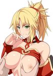  bangs bare_shoulders blonde_hair blush braid breasts closed_mouth collarbone commentary_request detached_sleeves fate/apocrypha fate_(series) green_eyes hair_ribbon long_hair medium_breasts mordred_(fate) mordred_(fate)_(all) nipple_tweak nipples parted_bangs ponytail red_ribbon ribbon shirt_lift shiseki_hirame sidelocks solo_focus upper_body 