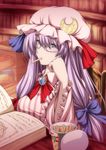  bangs blue_bow blue_ribbon book book_stack bookshelf bow breasts brooch chin_rest commentary_request crescent dress eating food food_in_mouth frilled_sleeves frills hair_bow hat hat_ribbon highres indoors jewelry large_breasts library long_hair long_sleeves mob_cap mouth_hold neck_ribbon nori_tamago open_book patchouli_knowledge purple_eyes purple_hair reading red_bow red_ribbon ribbon sidelocks sitting solo striped swept_bangs touhou upper_body vertical-striped_dress vertical_stripes wide_sleeves 