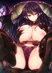  black_legwear boots breasts brown_hair demon_wings huge_breasts kill_time_communication lactation large_breasts long_hair naughty_face nipples original pink_eyes pointy_ears smile solo thigh_boots thighhighs tousen wings 