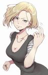  android_18 blonde_hair blue_eyes breasts cleavage come_hither dragon_ball dragon_ball_z earrings ina_(gokihoihoi) jewelry looking_at_viewer medium_breasts necklace short_hair simple_background solo white_background 