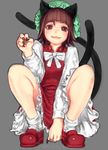  :3 animal_ears bangs blunt_bangs blush bow bowtie brown_eyes brown_hair brown_nails cat_ears cat_tail chen dress fingernails full_body gengoroumaru_(ambidextrous) hat long_fingernails long_sleeves looking_at_viewer mob_cap multiple_tails parted_lips red_dress red_footwear shoes short_hair socks solo squatting tail touhou twitter_username two_tails white_bow white_legwear white_neckwear 