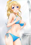  absurdres areola_slip areolae ayase_eli bikini blonde_hair blue_bikini blue_eyes blush breasts cleavage contrapposto cowboy_shot detexted eyebrows_visible_through_hair hair_ornament hair_scrunchie highres long_hair looking_at_viewer love_live! love_live!_school_idol_project medium_breasts navel parted_lips ponytail scan scrunchie shower_head side-tie_bikini smile solo standing steam suzume_miku swimsuit third-party_edit toilet water wet white_scrunchie 