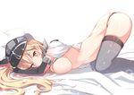  all_fours bangs bismarck_(kantai_collection) black_panties blonde_hair blush breast_press breasts closed_mouth elbow_gloves gloves green_eyes grey_legwear hat kantai_collection large_breasts long_hair looking_at_viewer no_bra on_bed panties peaked_cap smile solo thighhighs top-down_bottom-up underwear white_background yukishiro_arute 