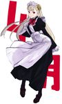  absurdres alternate_costume apron arm_behind_back black_legwear blonde_hair capcom_fighting_jam commentary_request dress enmaided frills gloves hairpods highres ingrid long_hair looking_at_viewer maid maid_apron maid_headdress mary_janes pantyhose puffy_sleeves red_eyes shoes sketch smile solo standing tetsu_(kimuchi) waist_apron white_gloves 