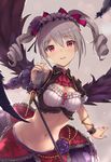  bangs black_wings blurry blush breasts cowboy_shot crop_top curly_hair depth_of_field detached_sleeves eyebrows_visible_through_hair feathered_wings feathers grey_background grey_hair hair_between_eyes highres idolmaster idolmaster_cinderella_girls kanzaki_ranko long_hair looking_at_viewer medium_breasts microphone microphone_stand midriff navel parfaitlate parted_lips pink_eyes ringlets simple_background skirt smile solo teeth twintails wings 