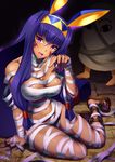  absurdres animal_ears bandages blue_hair dark_skin emanon123 eyebrows_visible_through_hair facial_mark fate/grand_order fate_(series) hairband highres long_hair medjed naked_bandage nitocris_(fate/grand_order) open_mouth purple_eyes sandals sidelocks very_long_hair 