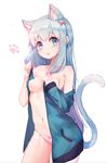  animal_ears bangs bare_shoulders blue_eyes bow bow_panties breasts cat_ears cat_girl cat_tail collarbone eromanga_sensei green_jacket hair_bow izumi_sagiri jacket kemonomimi_mode long_hair long_sleeves looking_at_viewer medium_breasts navel no_bra open_clothes open_jacket open_mouth panties pink_bow pink_panties silver_hair simple_background tail underwear very_long_hair white_background xing 