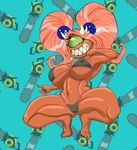  1_eye 2017 anthro armpits big_breasts bikini blue_nails breasts cacodemon camel_toe chainsaw clothed clothing colored_nails crouching demon digital_media_(artwork) doom fangs female green_eyes hair hair_accessory horn humanoid looking_at_viewer navel not_furry pink_hair red_skin sharp_teeth smile solo spikes swimsuit teeth thick_thighs tools unknown_artist video_games weapon 