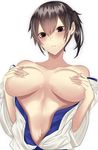  bangs bare_shoulders blush breast_squeeze breasts breasts_apart brown_eyes brown_hair closed_mouth collarbone commentary_request covering covering_breasts deep_skin dress fingernails hair_between_eyes hands_up highres japanese_clothes kaga_(kantai_collection) kantai_collection large_breasts long_fingernails long_sleeves looking_at_viewer midriff navel onineko-chan open_clothes open_dress short_hair side_ponytail simple_background solo sweatdrop upper_body white_background 