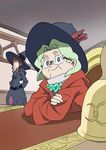  anne_finneran arai_hiroki arms_behind_back bell belt blonde_hair blue_eyes brown_hair crossed_arms glasses hat highres little_witch_academia looking_at_viewer loose_belt miranda_holbrooke multiple_girls robe smile witch witch_hat 