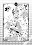  1girl :3 alice_(wonderland) alice_(wonderland)_(cosplay) alice_in_wonderland animal_ears argyle argyle_background blush cat_ears cat_tail cheshire_cat cheshire_cat_(cosplay) cosplay cover cover_page cravat cup drink flower formal giantess greyscale handkerchief hat ichihara_nina idolmaster idolmaster_cinderella_girls iroha_(summer_color_planet) long_hair looking_down mad_hatter mad_hatter_(cosplay) minigirl monochrome patterned_background producer_(idolmaster_cinderella_girls_anime) rose suit suit_jacket tail teacup top_hat 