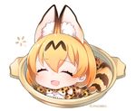  ^_^ animal_ears animal_print bare_shoulders blush bow bowtie bucket chibi clenched_hands closed_eyes dot_nose elbow_gloves eyebrows_visible_through_hair eyelashes facing_viewer full_body gloves hair_between_eyes in_bucket in_container kemono_friends minigirl neko_nabe ng_(kimjae737) open_mouth orange_hair print_gloves serval_(kemono_friends) serval_ears serval_print serval_tail shirt short_hair simple_background sleeveless sleeveless_shirt smile solo striped_tail tail twitter_username white_background white_shirt |d 