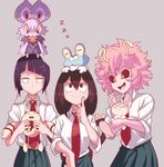  :&gt; :d ashido_mina asui_tsuyu black_hair black_sclera blush_stickers boku_no_hero_academia crossover elekid froakie gen_2_pokemon gen_3_pokemon gen_6_pokemon green_skirt highres holding holding_pokemon jirou_kyouka long_hair looking_down looking_up multiple_girls necktie noibat open_mouth orange_eyes pink_hair pokemon pokemon_(creature) pokemon_on_head red_eyes sally_(luna-arts) sanpaku school_uniform short_hair skirt skitty smile u.a._school_uniform yellow_eyes zzz 