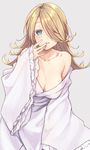  bare_shoulders blonde_hair blue_eyes blush breasts cleavage collarbone grey_background hair_over_one_eye half-closed_eyes hand_up kaiketsu!_obake_capriccio!! large_breasts leaning_forward light_smile long_hair looking_at_viewer parted_lips rimo robe simple_background solo 