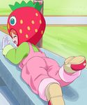  ^_^ closed_eyes food_themed_clothes gloves haruyama_kazunori kirakira_precure_a_la_mode lying on_stomach open_mouth precure smile solo strawberry_costume usami_ichika white_gloves 