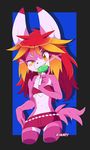  2017 anthro breasts candy canine clothed clothing female food fox fur gooeydragon hair highlights lollipop long_hair looking_at_viewer mammal pink_fur red_hair simple_background small_breasts smile smirk solo standing suzie sweat text yellow_eyes zhampy 