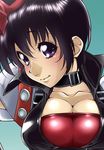  1girl armor black_hair blue_background blush breasts choker cleavage gloves large_breasts lips purple_eyes rutee_katrea short_hair smile solo tales_of_(series) tales_of_destiny upper_body 