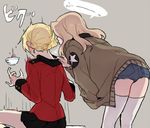  blonde_hair blowing_on_neck bomber_jacket commentary_request cup darjeeling denim denim_shorts from_behind girls_und_panzer grey_background hand_in_pocket jacket kay_(girls_und_panzer) leaning_forward long_hair military military_uniform multiple_girls ree_(re-19) saunders_military_uniform short_hair shorts st._gloriana's_military_uniform surprised teacup thighhighs uniform white_legwear 