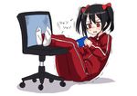  bangs black_hair blush chair eyebrows_visible_through_hair handheld_game_console hiraga_matsuri holding jacket love_live! love_live!_school_idol_project office_chair open_mouth pants rectangle red_eyes shadow simple_background socks solo sweatdrop teeth track_jacket track_pants track_suit trembling twintails white_background white_legwear yazawa_nico 