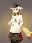  animal_ears arm_behind_back blonde_hair bonkiru bow brown_eyes closed_mouth cosplay cowboy_shot erwin_rommel erwin_rommel_(cosplay) extra_ears eyebrows_visible_through_hair fennec_(kemono_friends) fox_ears fox_tail from_side fur_trim gloves gradient gradient_background hat highres japari_symbol kemono_friends long_sleeves lucky_beast_(kemono_friends) medal military military_uniform multicolored_hair pants peaked_cap short_hair solo standing tail two-tone_hair uniform white_gloves white_hair yellow_bow 