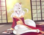  2017 anthro areola breasts canine clothed clothing dog exposed_breasts female food fur geisha hair japanese_clothing jewelry kimono looking_at_viewer mammal necklace nipples sertaa sitting solo sushi white_fur white_hair yasha_(rukaisho) 