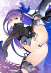  armor blue_eyes crotch_plate eyebrows_visible_through_hair fate/extra fate/extra_ccc fate_(series) greaves hair_ribbon kicking leg_lift long_hair long_sleeves meltlilith motion_blur navel purple_hair ribbon side_ponytail sleeves_past_wrists solo tachibana_yuu thighhighs very_long_hair wide_sleeves 
