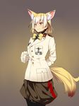  animal_ears arm_behind_back blonde_hair bonkiru bow brown_eyes closed_mouth commentary_request cosplay cowboy_shot erwin_rommel erwin_rommel_(cosplay) extra_ears eyebrows_visible_through_hair fennec_(kemono_friends) fox_ears fox_tail from_side fur_trim gloves gradient gradient_background highres japari_symbol kemono_friends long_sleeves lucky_beast_(kemono_friends) medal military military_uniform multicolored_hair namesake pants short_hair solo standing tail two-tone_hair uniform white_gloves white_hair yellow_bow 