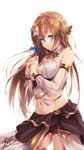  ar_nosurge bare_shoulders blue_eyes blush breasts brown_hair closed_mouth cowboy_shot flower from_side hair_between_eyes hair_flower hair_ornament highres holding holding_flower ionasal_kkll_preciel light_smile long_hair medium_breasts navel signature simple_background solo surge_concerto thighhighs very_long_hair white_background yoshiomi 