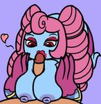  2017 areola big_breasts blue_skin breasts claws digital_media_(artwork) drill_hair duo fayemelina female hair humanoid kiss_mark kissing lipstick makeup male male/female monster monster_legends mr.under nipples not_furry oral penis pink_hair red_eyes sex simple_background titfuck video_games 