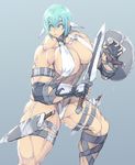  1girl abs blue_eyes blue_hair breasts copyright_request female fingerless_gloves gloves jin-jin large_breasts muscle muscular_female shield solo sword weapon 