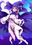  :&lt; barefoot blonde_hair blue_eyes bow cape fantasista_doll hair_bow hat highres long_hair long_sleeves looking_at_viewer proto-zero_(fantasista_doll) solo thighs tokyo_(great_akuta) twintails witch_hat 