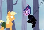  2017 angry applejack_(mlp) ashi_(samurai_jack) chain clothed clothing crossover daughters_of_aku equine female feralroku forest friendship_is_magic hanging_(disambiguation) horse kusarigama mammal my_little_pony parody pony samurai_jack samurai_jack_(character) tree twilight_sparkle_(mlp) weapon 