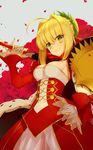  ahoge armor bangs blonde_hair braid breasts cleavage dress eyebrows_visible_through_hair eyes_visible_through_hair fate/extra fate_(series) floral_background flower green_eyes hair_bun hair_intakes hand_on_hip highres holding holding_sword holding_weapon long_sleeves looking_at_viewer medium_breasts nero_claudius_(fate) nero_claudius_(fate)_(all) over_shoulder petals red_dress red_flower red_rose rose short_hair sidelocks smile solo sword sword_over_shoulder weapon weapon_over_shoulder wreath wukloo 