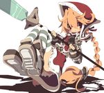  blush bonnet boots braid coat cordelia_(saga) dangomushi dress head_scarf heart long_hair orange_hair panties polearm red_eyes saga saga_frontier_2 smile solo striped striped_legwear thighhighs underwear weapon white_panties 