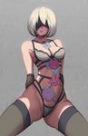  arms_behind_back bare_shoulders black_legwear blindfold breasts elbow_gloves facing_viewer gloves grey_background grey_hair groin highres lingerie medium_breasts mole mole_under_mouth mynare nier_(series) nier_automata parted_lips solo teeth thighhighs thighs underwear yorha_no._2_type_b 